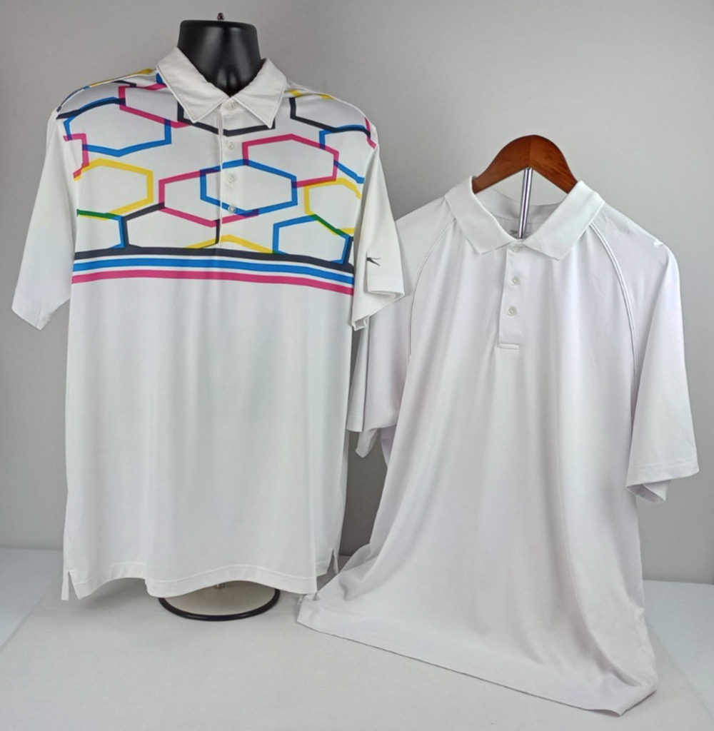 Slazenger Men's XL Lot of 2 Short Sleeve Polo Golf Shirts Bright Geometric White